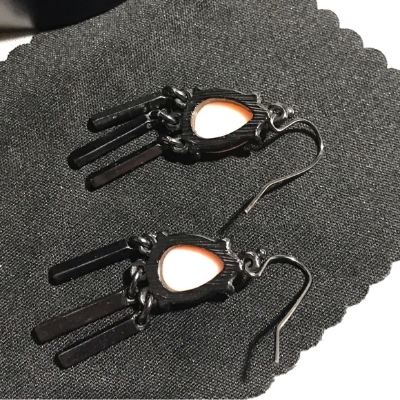 Fun & Classy Dark Silver Tone Drop Earrings with Peach Tear Drop Resin Gem. - Picture 2 of 6